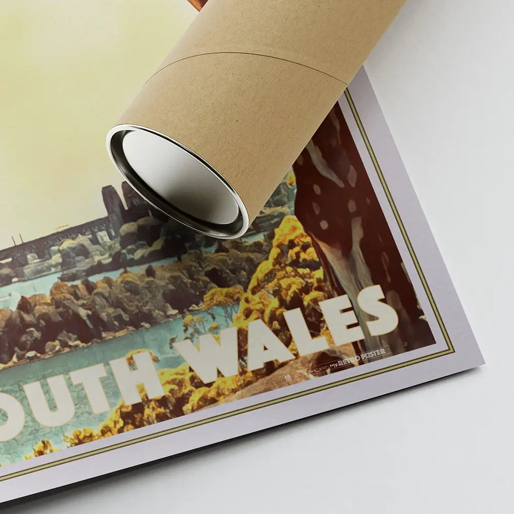 Corner and shipping tube of Sydney Harbour vintage travel poster by Alecse