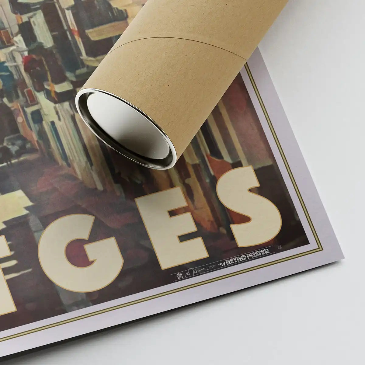 Corner of the Sitges Sant Sebastia Street travel poster by Alecse with Mediterranean houses and vintage colours, limited edition