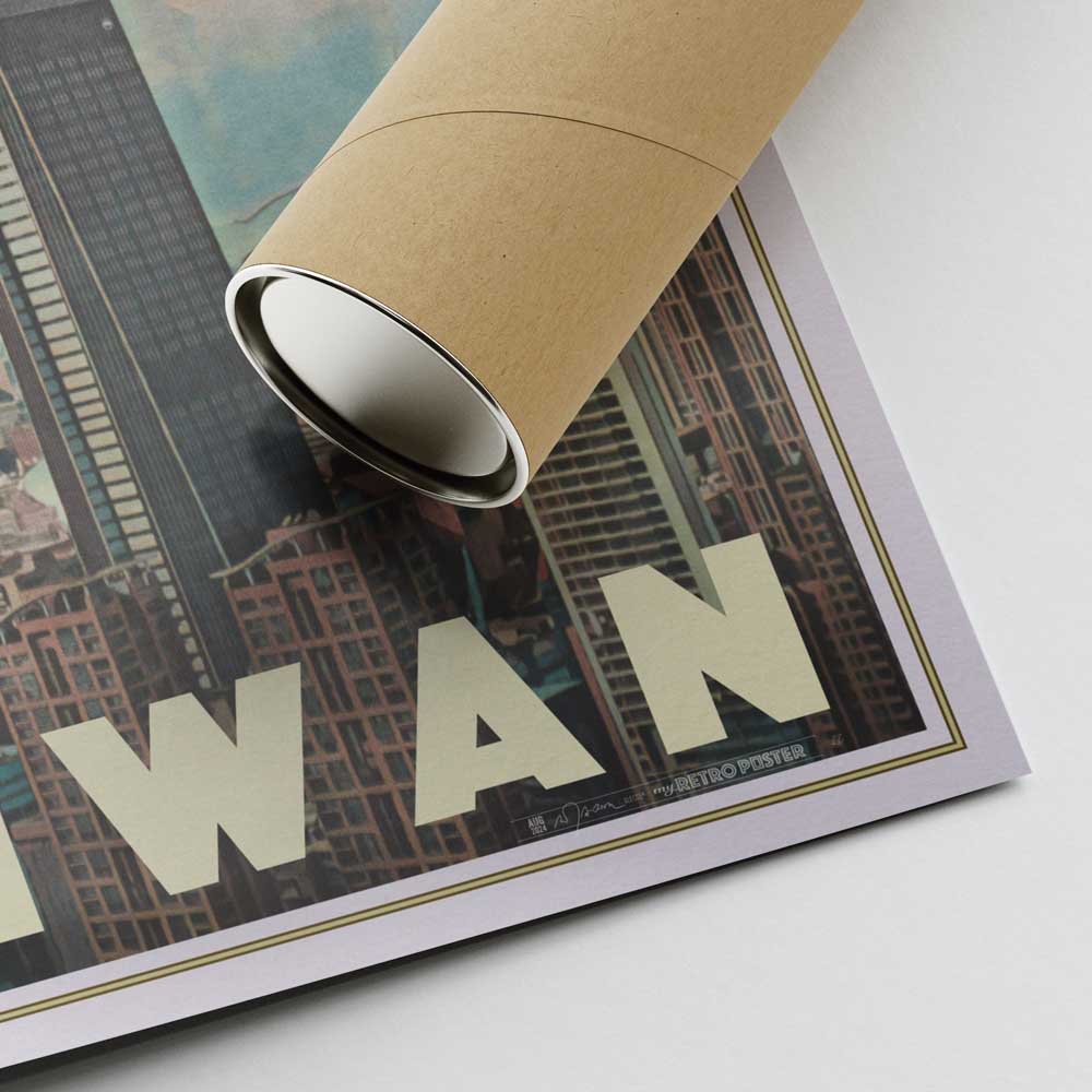 A corner of the Taipei travel poster, showcasing Alecse’s signature with the protective shipping tube in the background