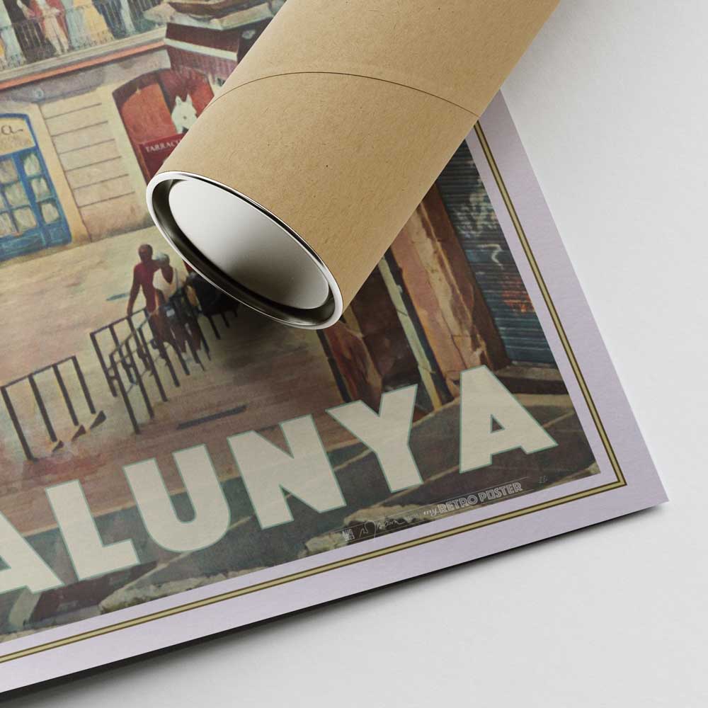 Corner of the Tarragona poster 'Arola' by Alecse™ and the protective shipping tube for secure delivery.