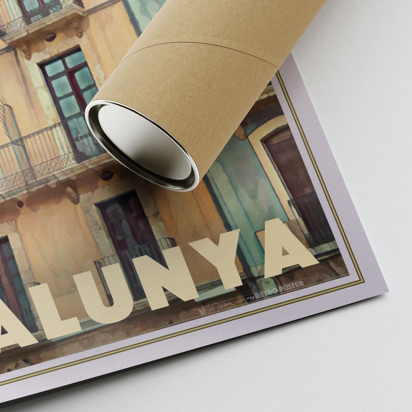 Corner of Alecse’s Tarragona La Font poster showing artist signature and eco-friendly tube packaging.