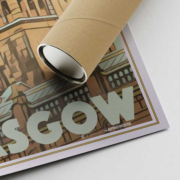 Artist Alecse's signature on the 'Kelvingrove' Glasgow Poster with a cardboard shipping tube