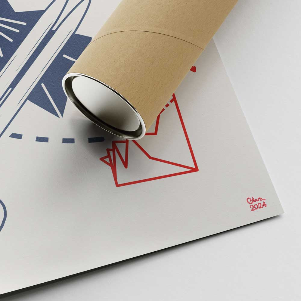 The ‘Chopsticks Origami’ art print by Cha for Vintage Exotics™ being rolled into a protective shipping tube, showcasing the artist’s signature, part of a limited run of 300 prints