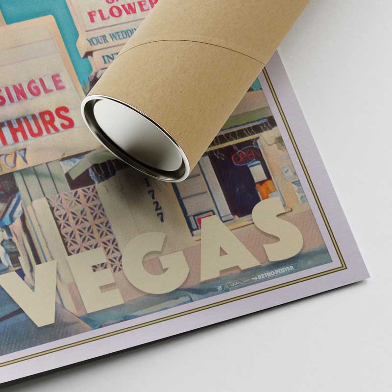 Corner of the Las Vegas wedding poster with signature and the shipping tube