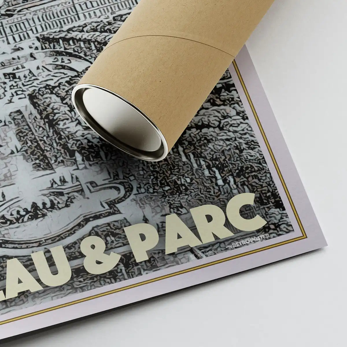 Close-up of Versailles Castle poster rolled in kraft tube, showing halftone texture Alecse's signature and edition number.