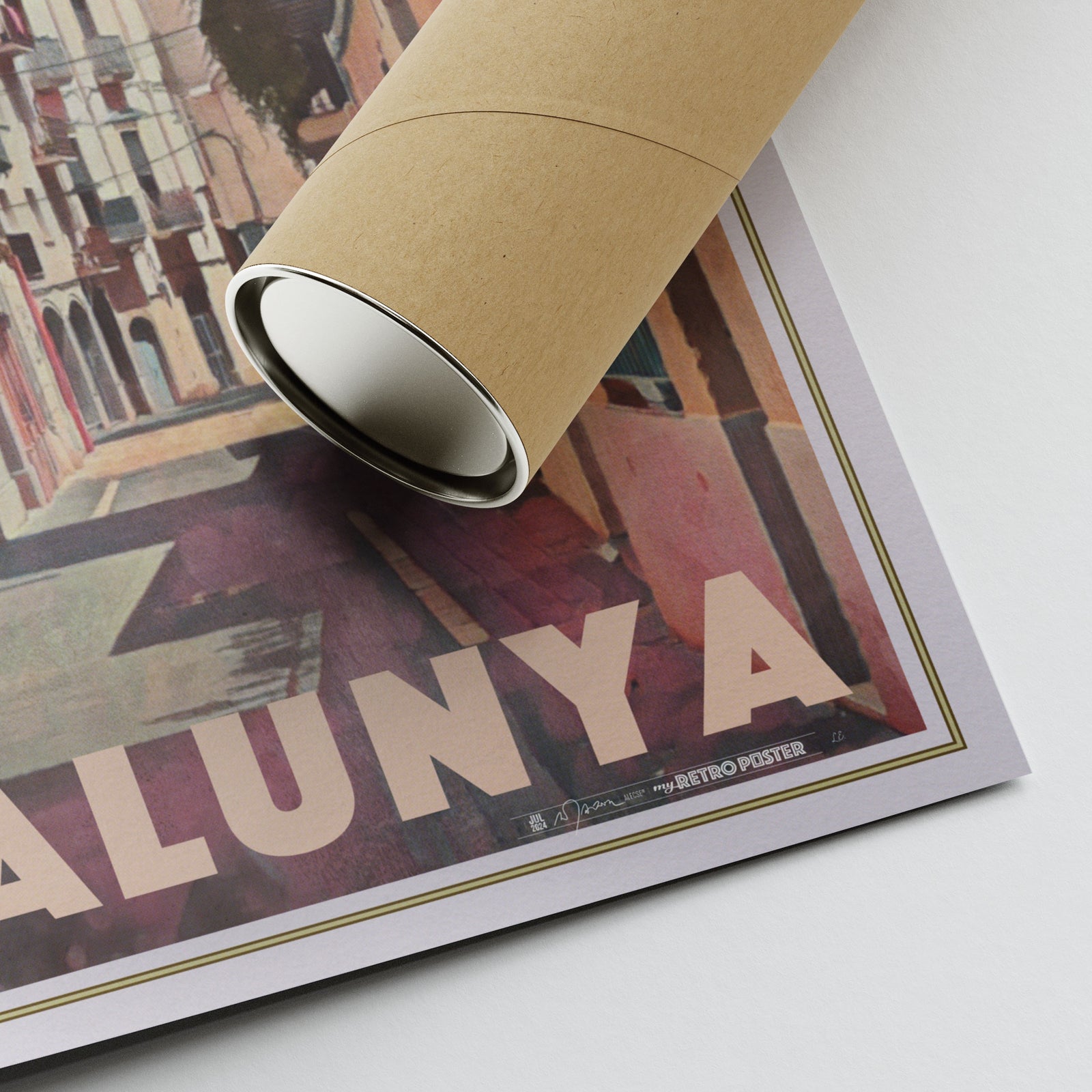 Vilanova Major poster corner showing Alecse’s printed signature and eco-friendly cardboard shipping tube.