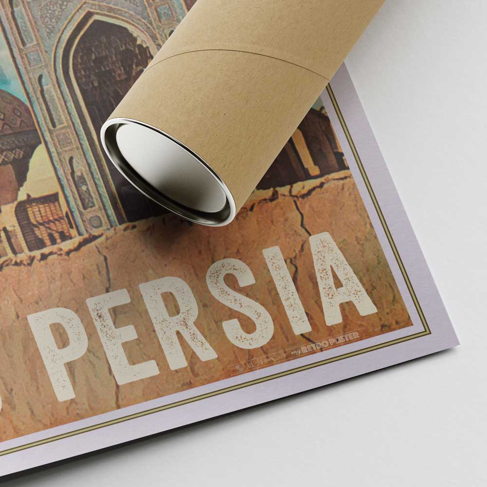 Corner of the Yazd poster by Alecse™ featuring the artist's signature and the protective shipping tube