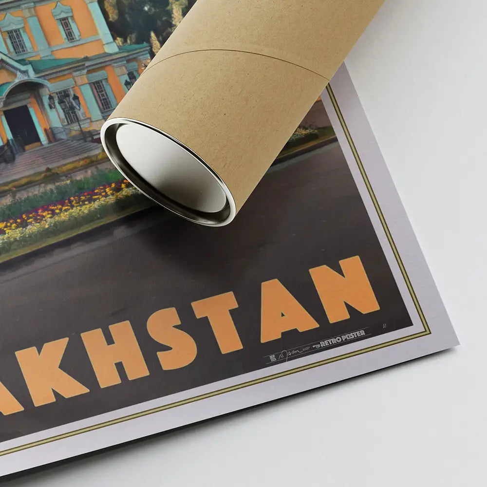 Kazakhstan travel poster rolled for shipping, eco-friendly packaging