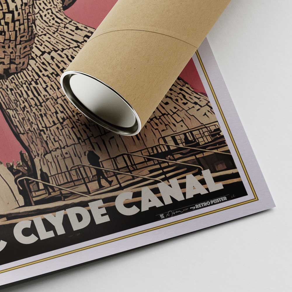 Corner detail of The Kelpies poster showing artist signature, edition number and rolled cardboard tube – collectible retro artwork