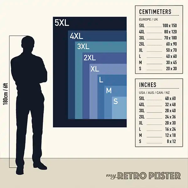 A size chart poster for clothing showing a human silhouette next to nested size boxes labeled 5XL, 4XL, 3XL, 2XL, XL, L, M, and S, with centimeter and inch measurements and a beige background. The brand name 'myRETRO POSTER' appears at the bottom.
