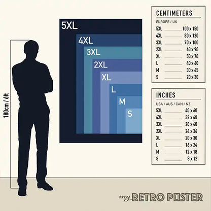 A size chart poster for clothing showing a human silhouette next to nested size boxes labeled 5XL, 4XL, 3XL, 2XL, XL, L, M, and S, with centimeter and inch measurements and a beige background. The brand name 'myRETRO POSTER' appears at the bottom.