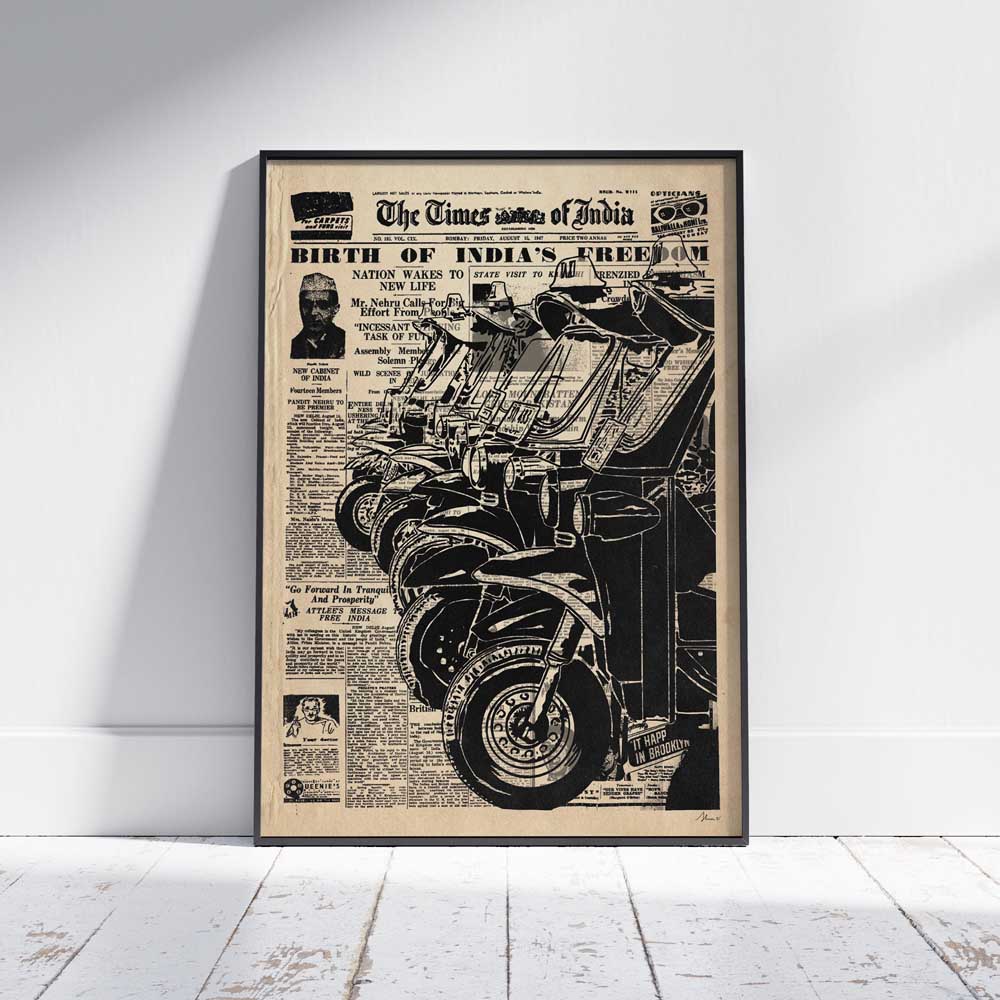 Limited edition black-and-white rickshaw poster by Shree, featuring iconic Indian rickshaws on a Times of India backdrop from the Great Indian Decor™ collection