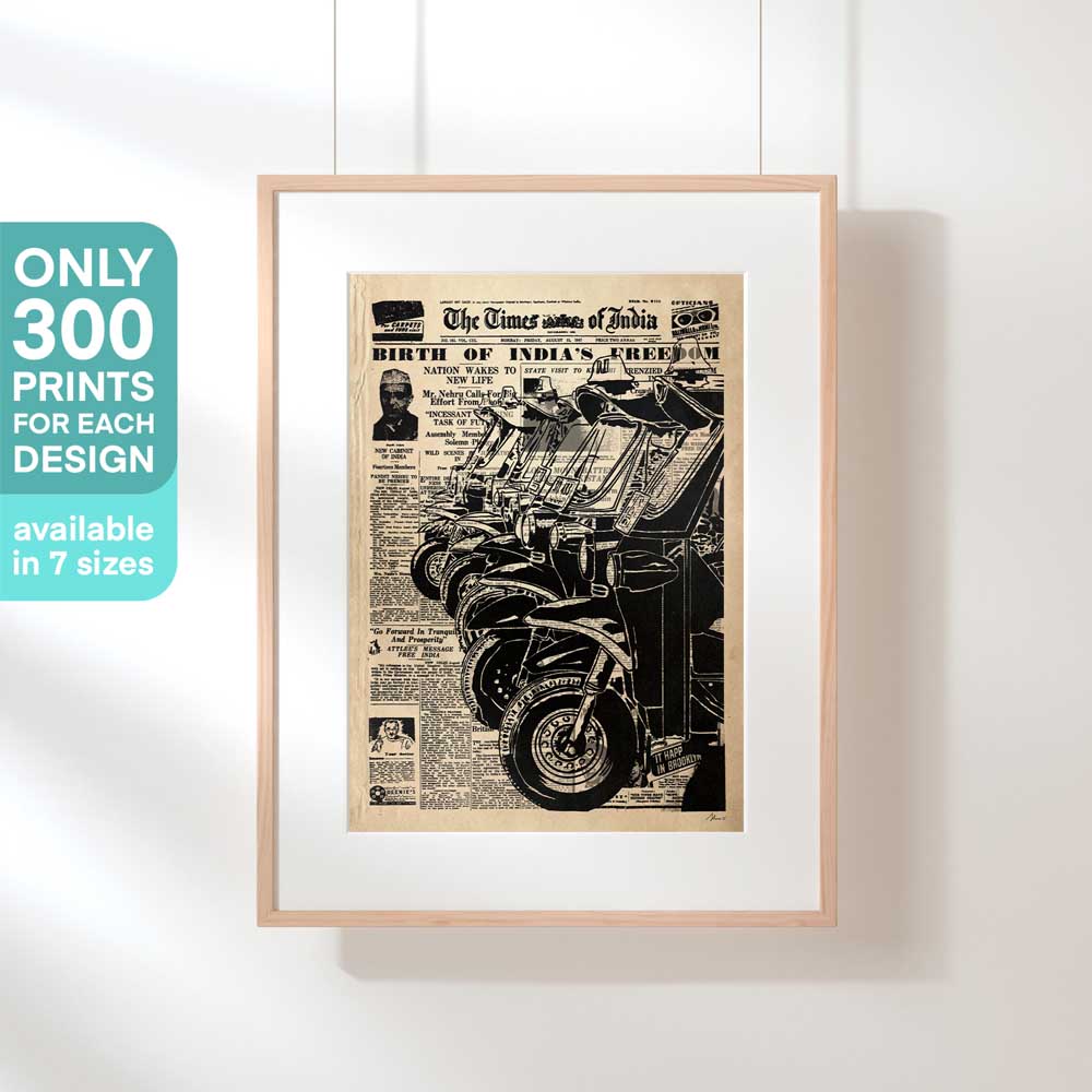 Limited edition rickshaw poster by Shree, framed and displayed with a cartel highlighting its exclusivity as part of the Great Indian Decor™ collection