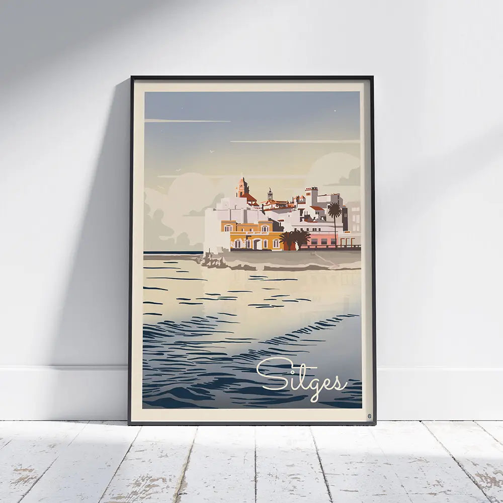 Framed Sitges Mer poster by Cha displayed in a bright interior, vintage Mediterranean travel art from the Spanish Capsule™ collection