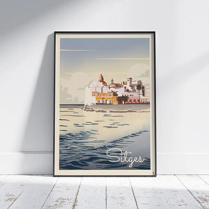 Framed Sitges Mer poster by Cha displayed in a bright interior, vintage Mediterranean travel art from the Spanish Capsule™ collection
