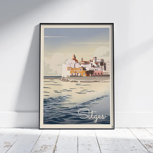 Framed Sitges Mer poster by Cha displayed in a bright interior, vintage Mediterranean travel art from the Spanish Capsule™ collection