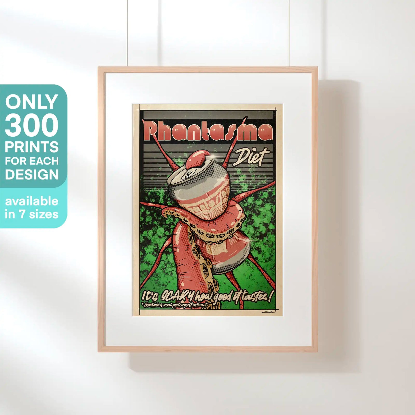 “Phantasma Diet” pop art print by Cha in retro comic style, showing a soda can with tentacles and grungy fizz background. Limited to 300 copies.