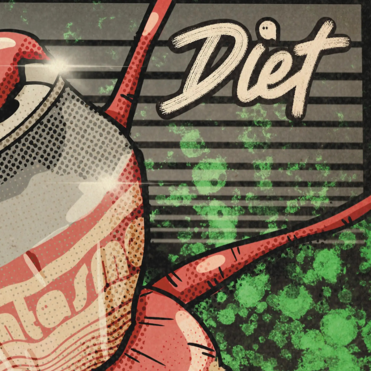 Detail of Phantasma Diet artwork showing the can’s top and word “Diet” with horror-style grunge overlay and 80s-inspired visual effects.