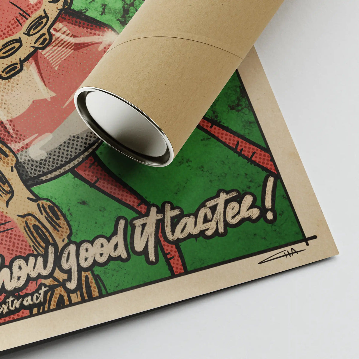 Close-up of Phantasma Diet poster rolled in kraft tube, showing green halftone texture and fake soda tagline in vintage print style.