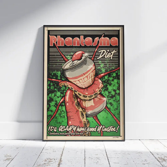 Framed Phantasma Diet poster by Cha from the Soft Pop Studio™ collection, parodying a vintage soda ad with tentacles and comic horror flair.