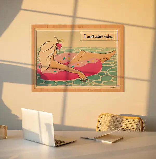 Stylish home office wall decorated with retro pop art posters from the Soft Pop Studio™ collection by Cha, featuring comic-style female portraits and humorous quotes like ‘I can’t adult today’ 