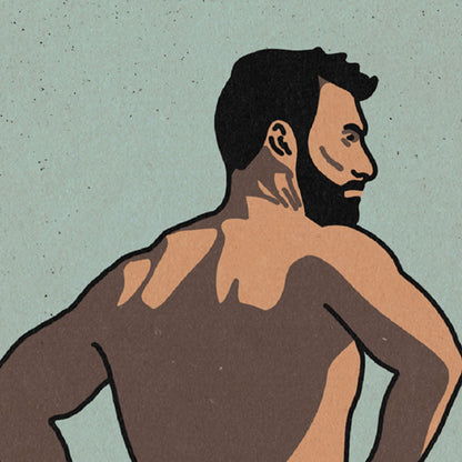 Detailed view of the El Catrín poster, showcasing bold linework, rich colors, and minimalist beach aesthetics.