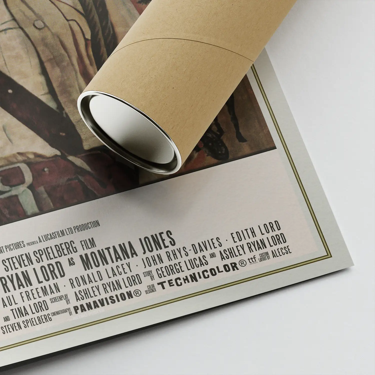 Corner of a custom movie poster showing the credits and the shipping tube