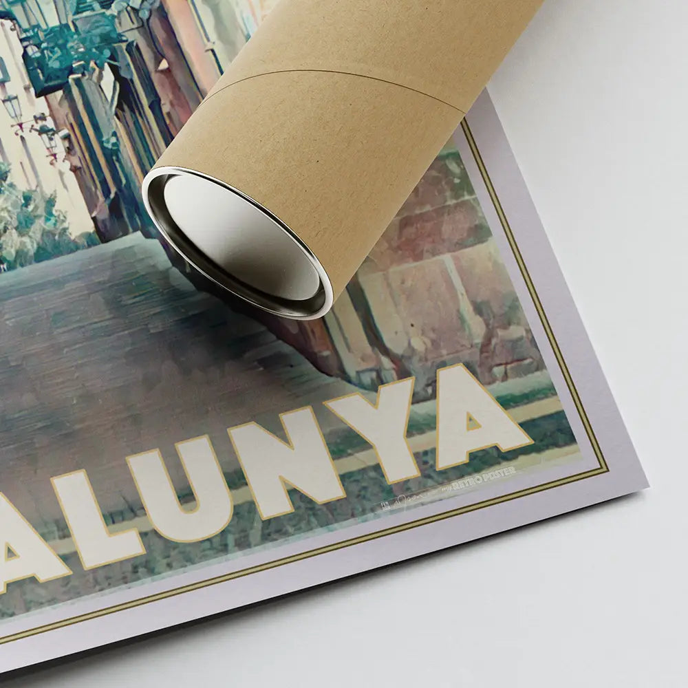 Barcelona Gothic Quarter poster showing signature detail with eco friendly shipping tube and corner finish, limited edition art print