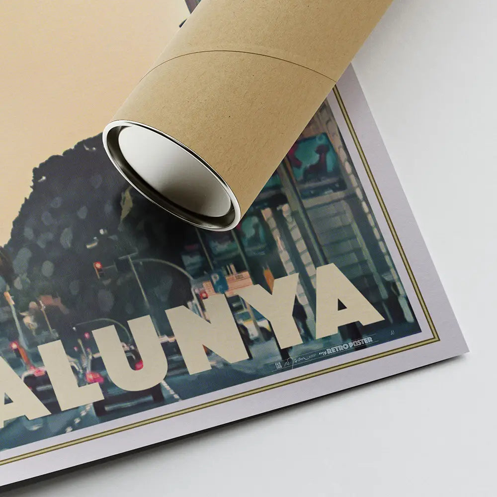 Barcelona Columbus Monument poster showing signature detail with eco friendly shipping tube and corner finish, limited edition print