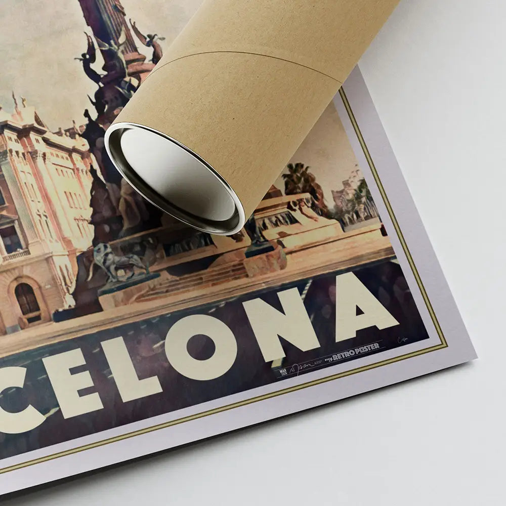 Barcelona Columbus Monument poster rolled in eco-friendly tube showing Portal de la Pau detail, limited edition travel art print