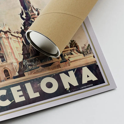 Barcelona Columbus Monument poster rolled in eco-friendly tube showing Portal de la Pau detail, limited edition travel art print