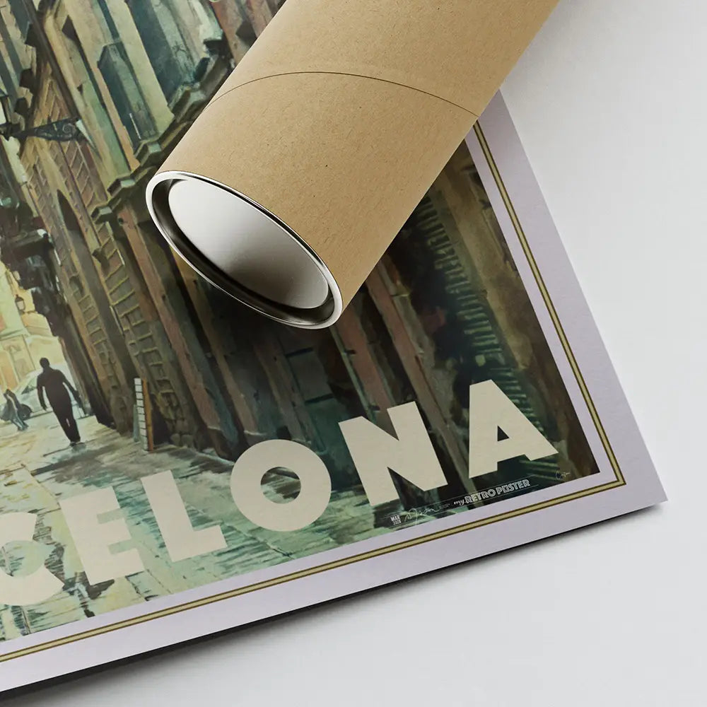 Barcelona La Merce travel poster close-up showing bottom corner with artist signature, poster flat with protective tube, eco-friendly shipping packaging, limited edition art print