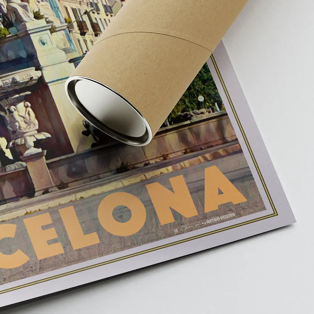 Close up of Plaça de Palau Barcelona poster showing flat print corner with visible artist signature and eco friendly shipping tube
