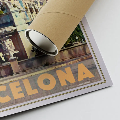 Close up of Plaça de Palau Barcelona poster showing flat print corner with visible artist signature and eco friendly shipping tube
