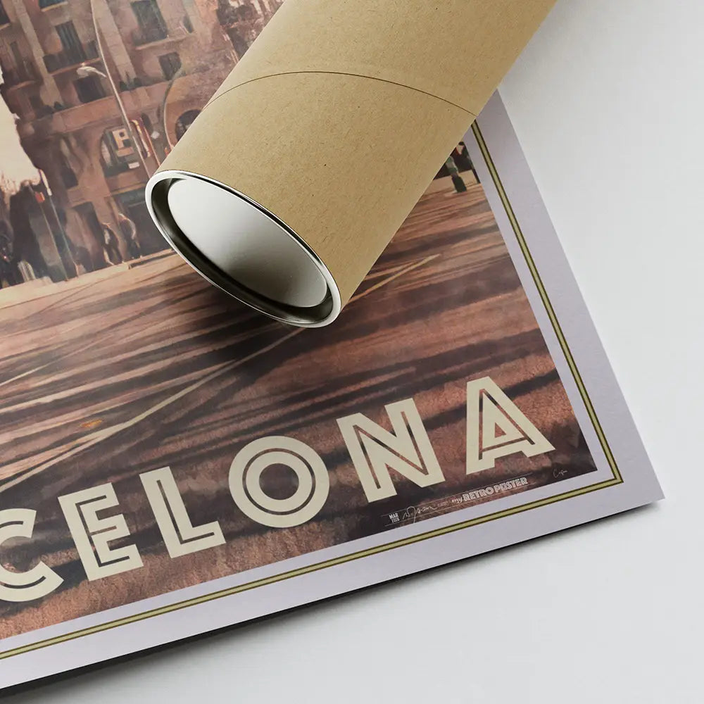 Barcelona Paral lel poster by Alecse showing signature detail with visible corner and eco friendly shipping tube, limited edition art print