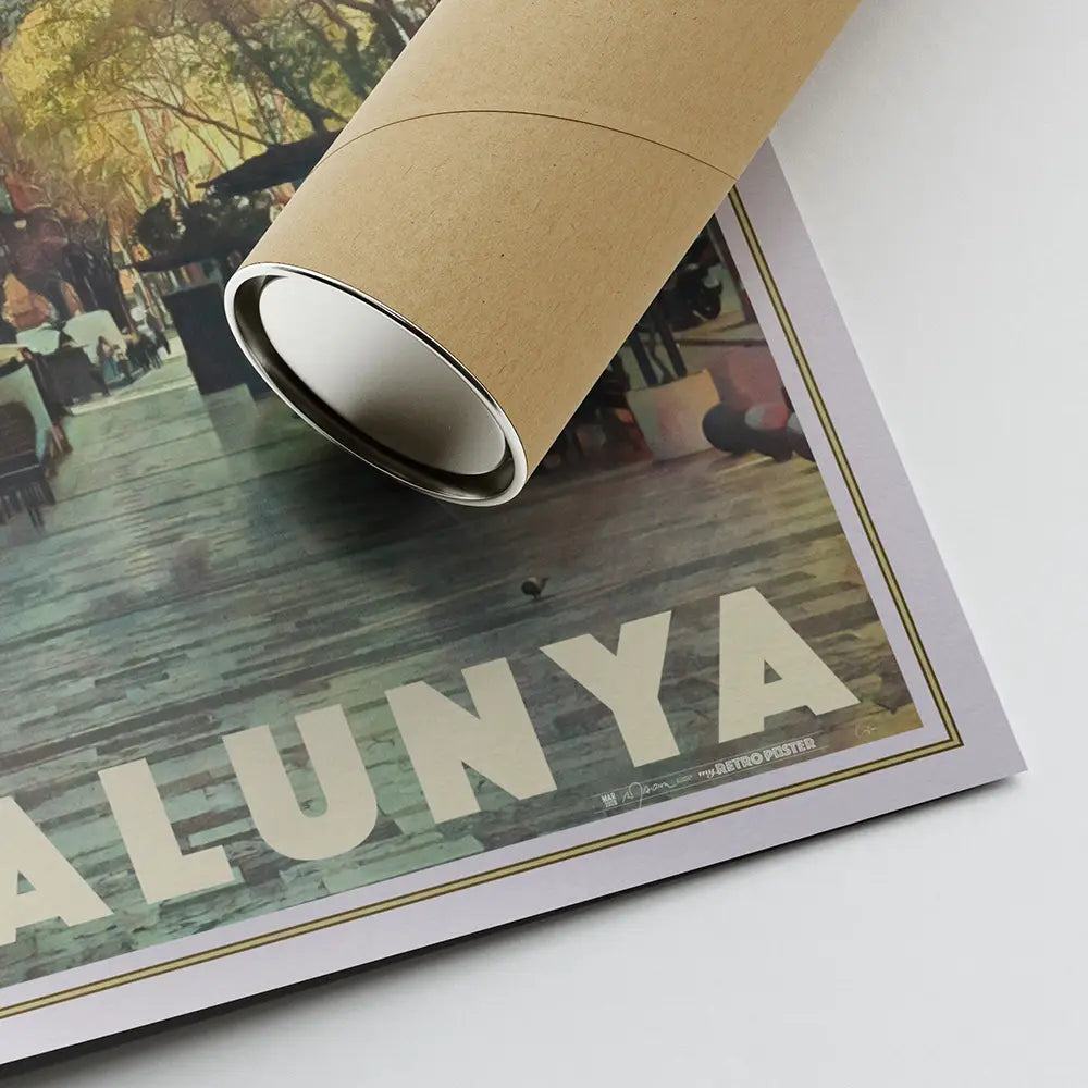Barcelona Sagrada Familia poster showing signature detail with visible corner and eco friendly shipping tube, limited edition art print
