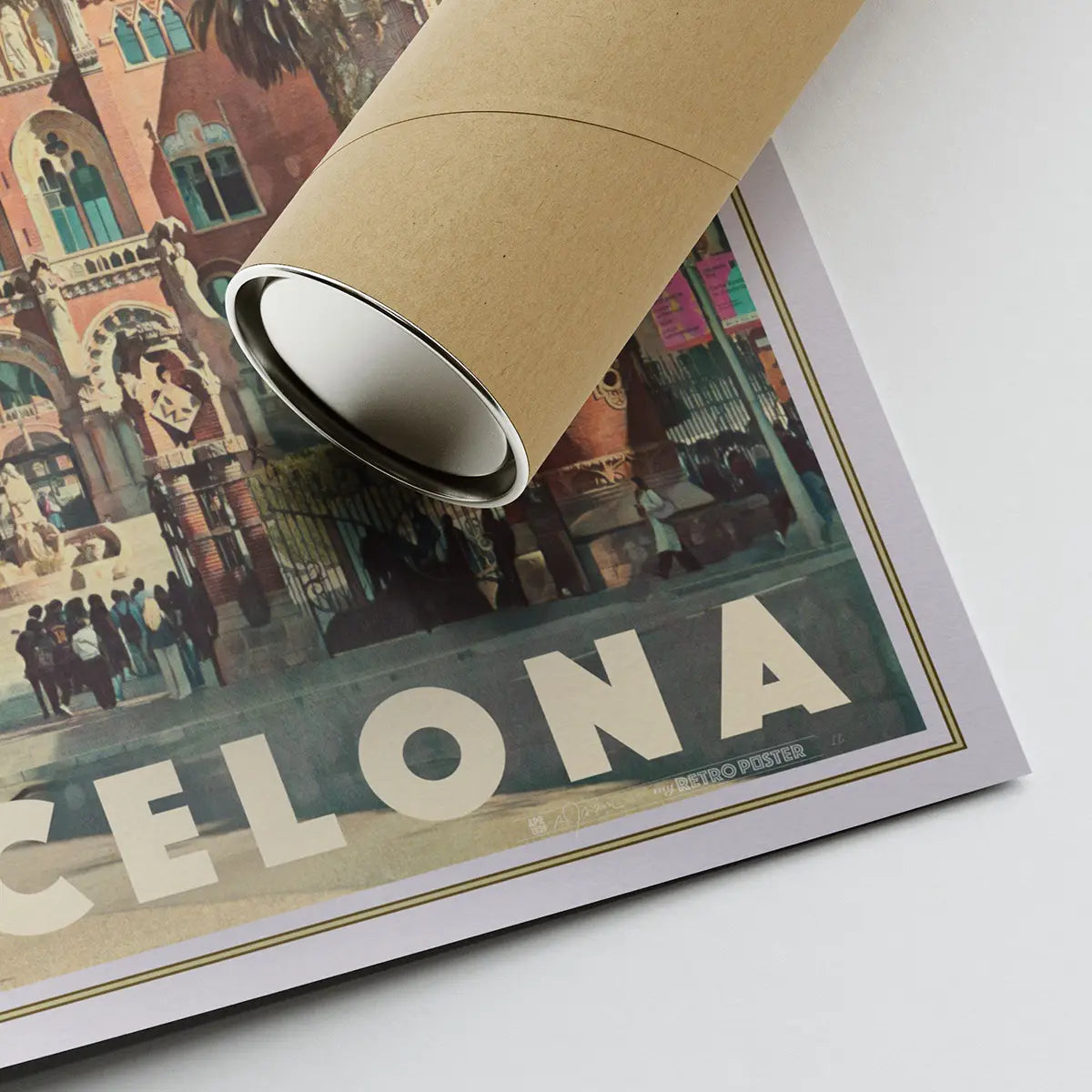 Sant Pau Barcelona poster showing signature detail with eco friendly shipping tube and limited edition print finish