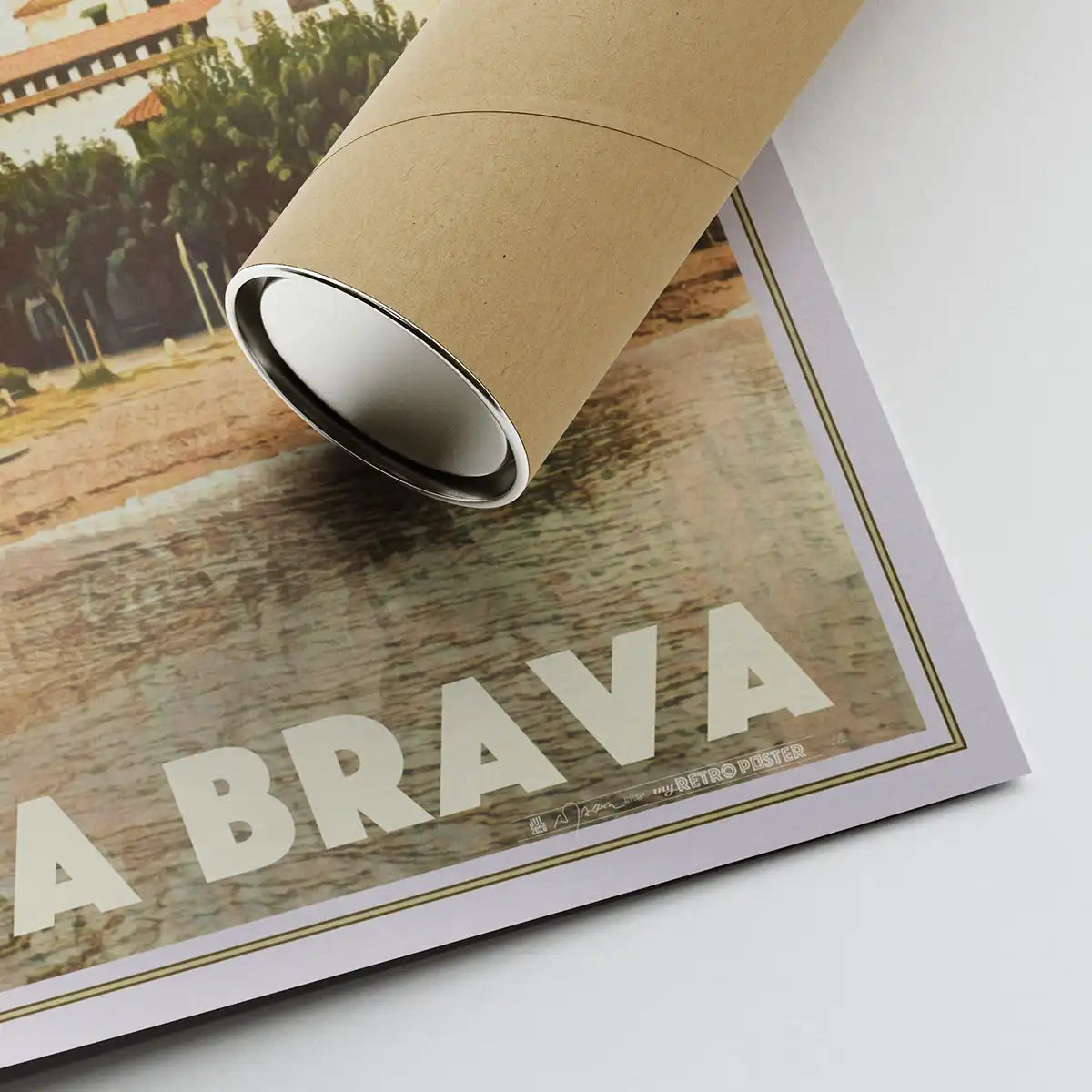 Cadaqués Church poster corner with artist signature and eco-friendly shipping tube, limited edition fine art print