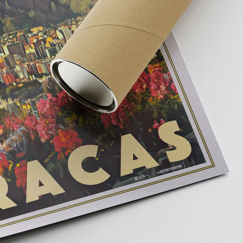 Corner of the El Ávila Caracas poster with artist signature and eco-friendly shipping tube placed on top.