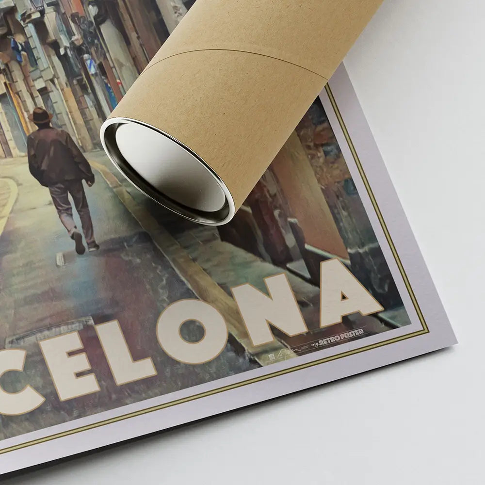 Close-up of the Ciutat Vella Barcelona art print with Alecse’s signature beside an eco-friendly shipping tube