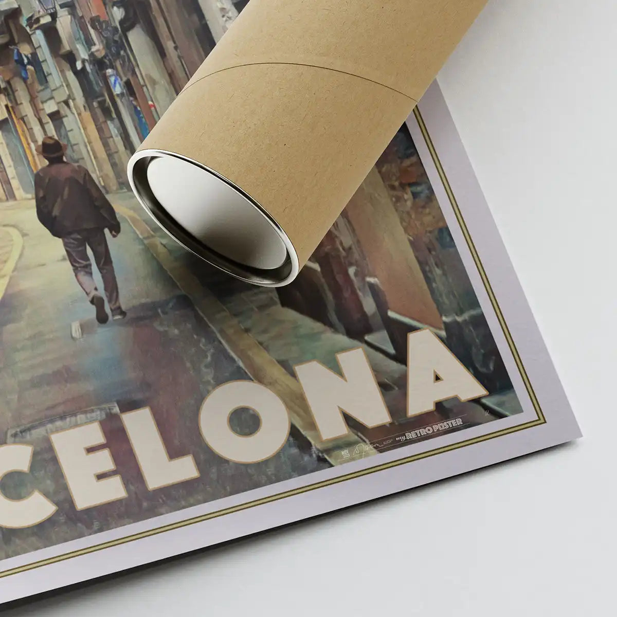 Close-up of the Ciutat Vella Barcelona art print with Alecse’s signature beside an eco-friendly shipping tube