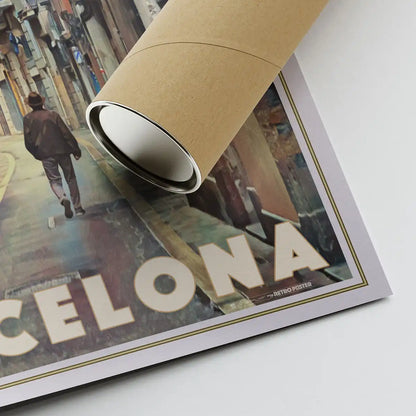 Close-up of the Ciutat Vella Barcelona art print with Alecse’s signature beside an eco-friendly shipping tube