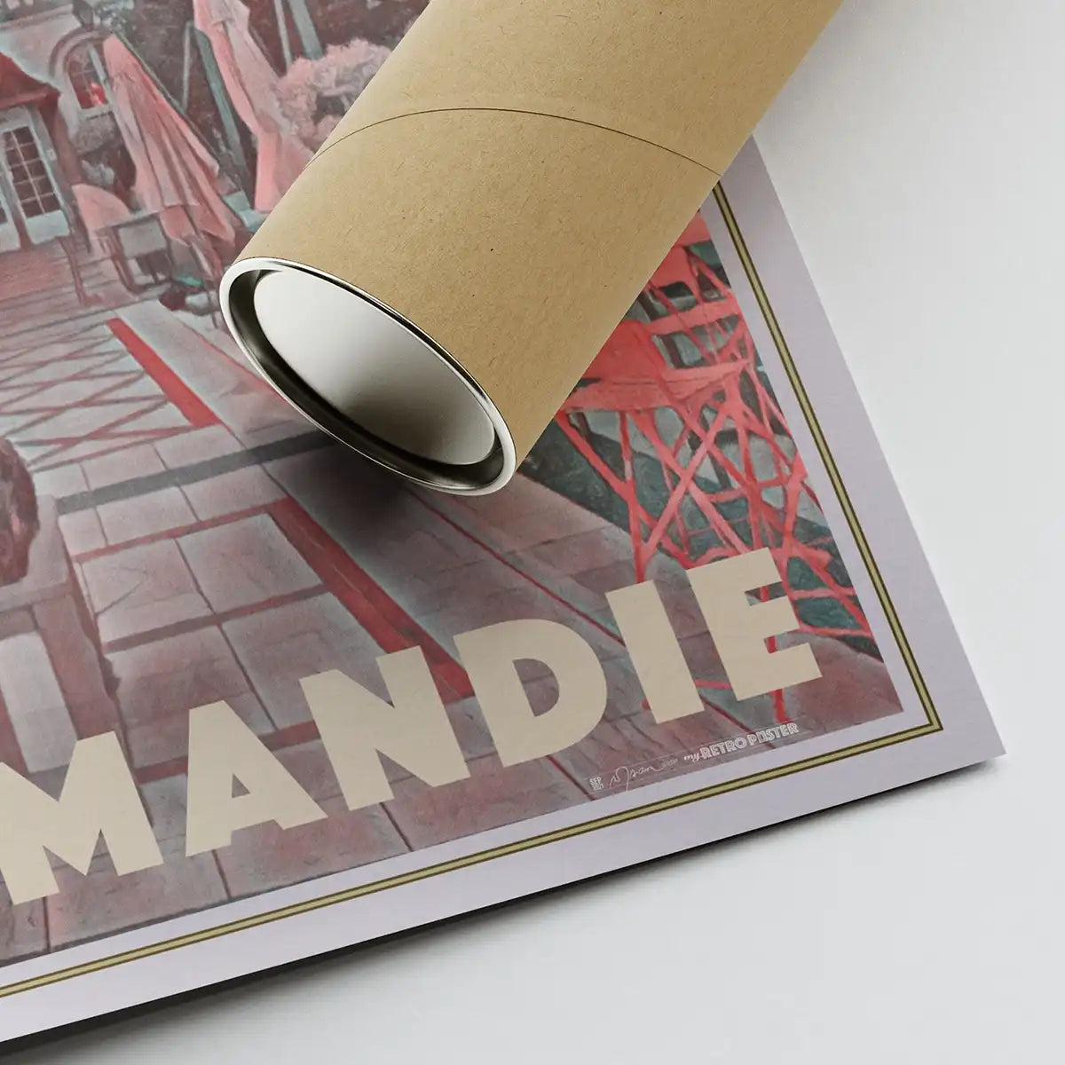 Normandy Deauville vintage travel poster shown beside an eco-friendly reinforced shipping tube for safe worldwide delivery