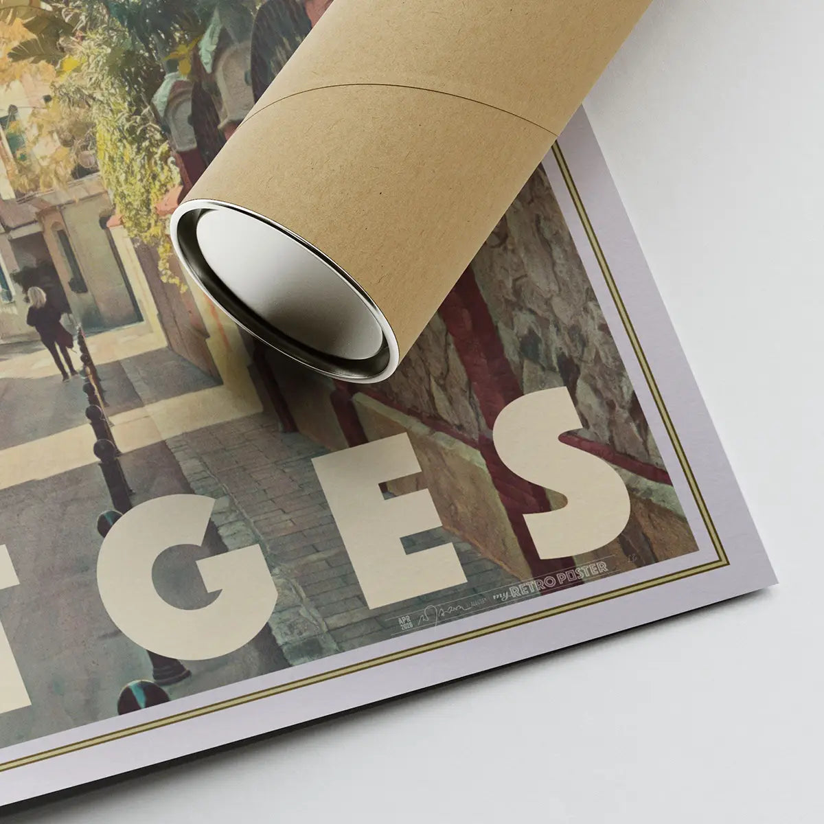 Sant Isidre Sitges poster with eco friendly shipping tube and fine art print detail, limited edition artwork