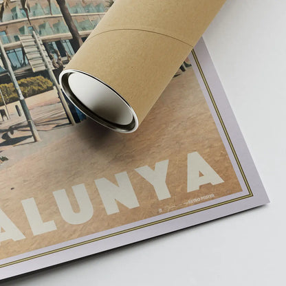 Corner detail of Passeig Marítim Poster Sitges showing artist signature, edition details and eco-friendly shipping tube