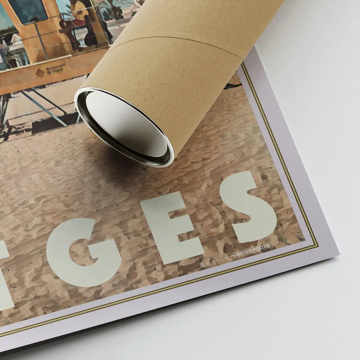Terramar Beach Poster Sitges corner showing Alecse signature and eco friendly shipping tube