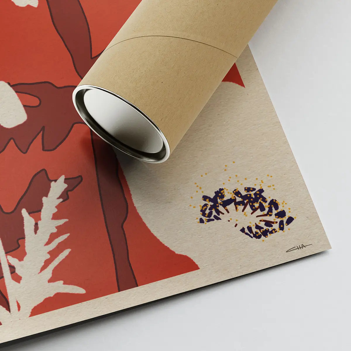poppy poster papaver rhoeas close up showing artist signature and eco friendly shipping tube textured fine art paper detail