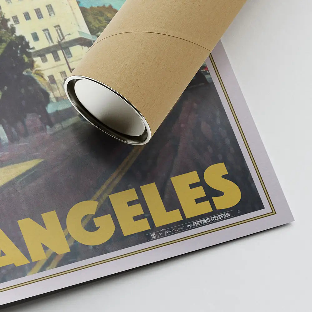 Poster corner of the Westlake Los Angeles design with Alecse’s printed signature and eco-friendly shipping tube