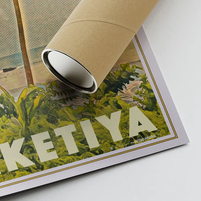 Corner of the Ceylon poster of Hiriketiya with Alecse's signature and a cardboard shipping tube