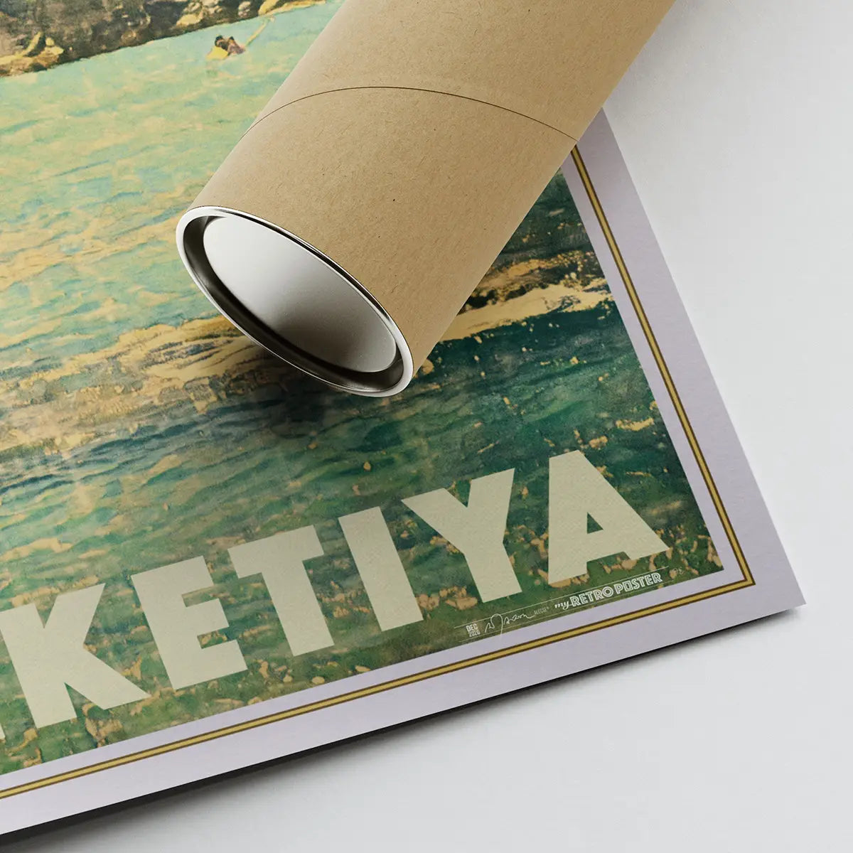 Corner of the Hiriketiya poster with Alecse's signature and a carton shipping tube